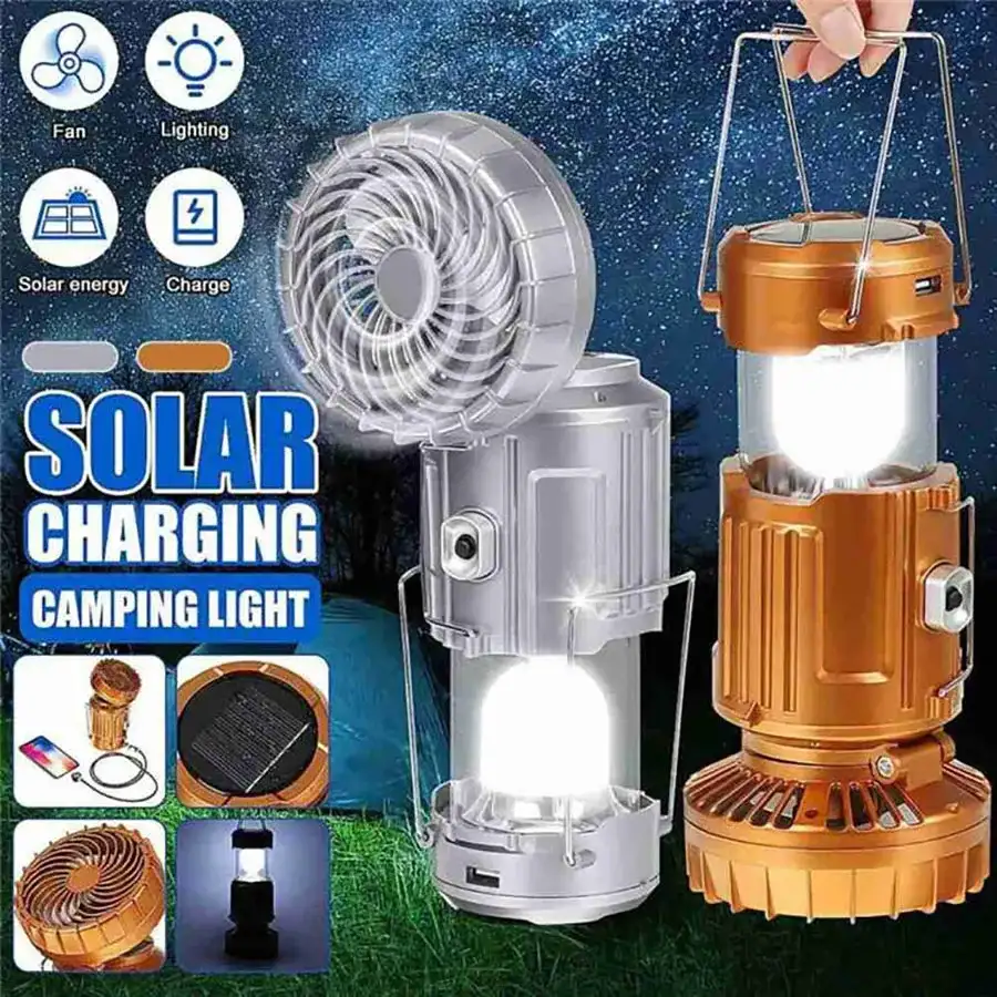 6 in 1 Portable LED Camping Lantern with Fan, Solar Charging Camping Light